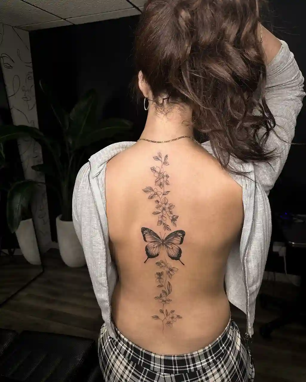 Centered Butterfly Column Back Tattoo for Women