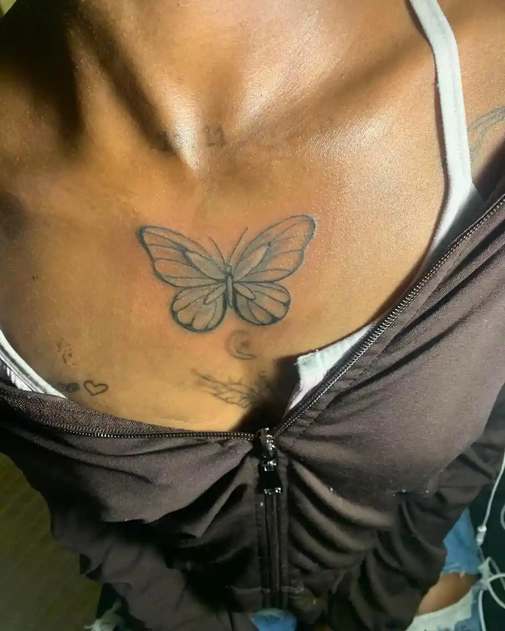 Chest Tattoo Female Black Ink Butterfly