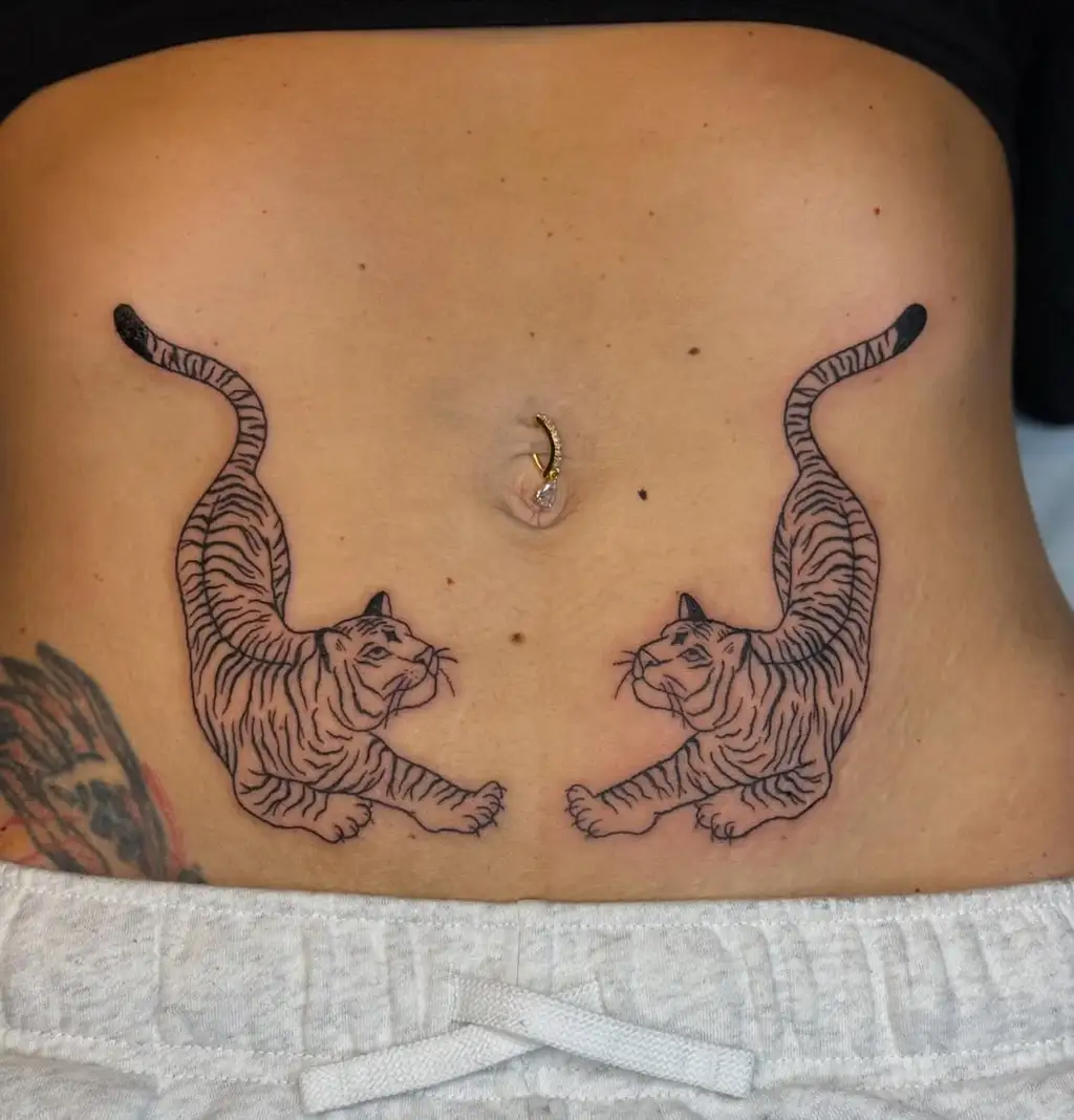 Twin Tigers Symmetry Design Stomach Tattoos Women