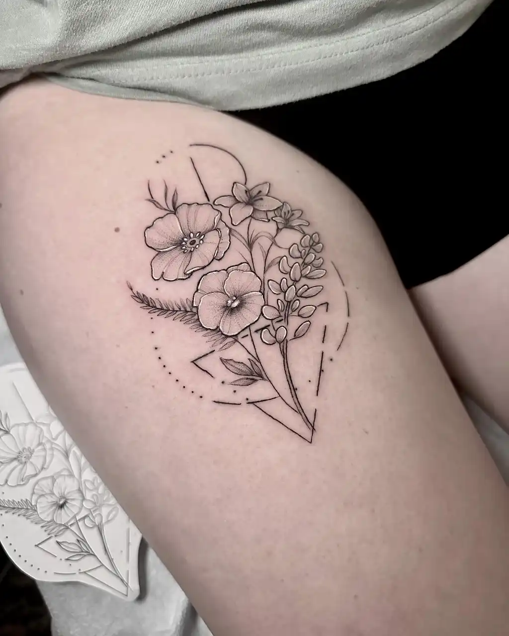 Geometric Floral Thigh Tattoos for Women
