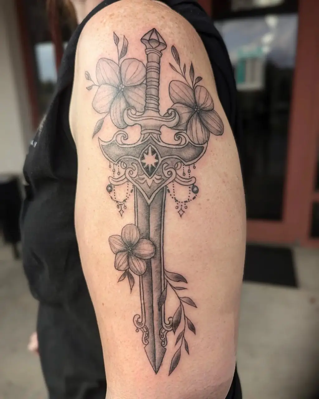 Floral Sword Upper Arm Tattoos for Women