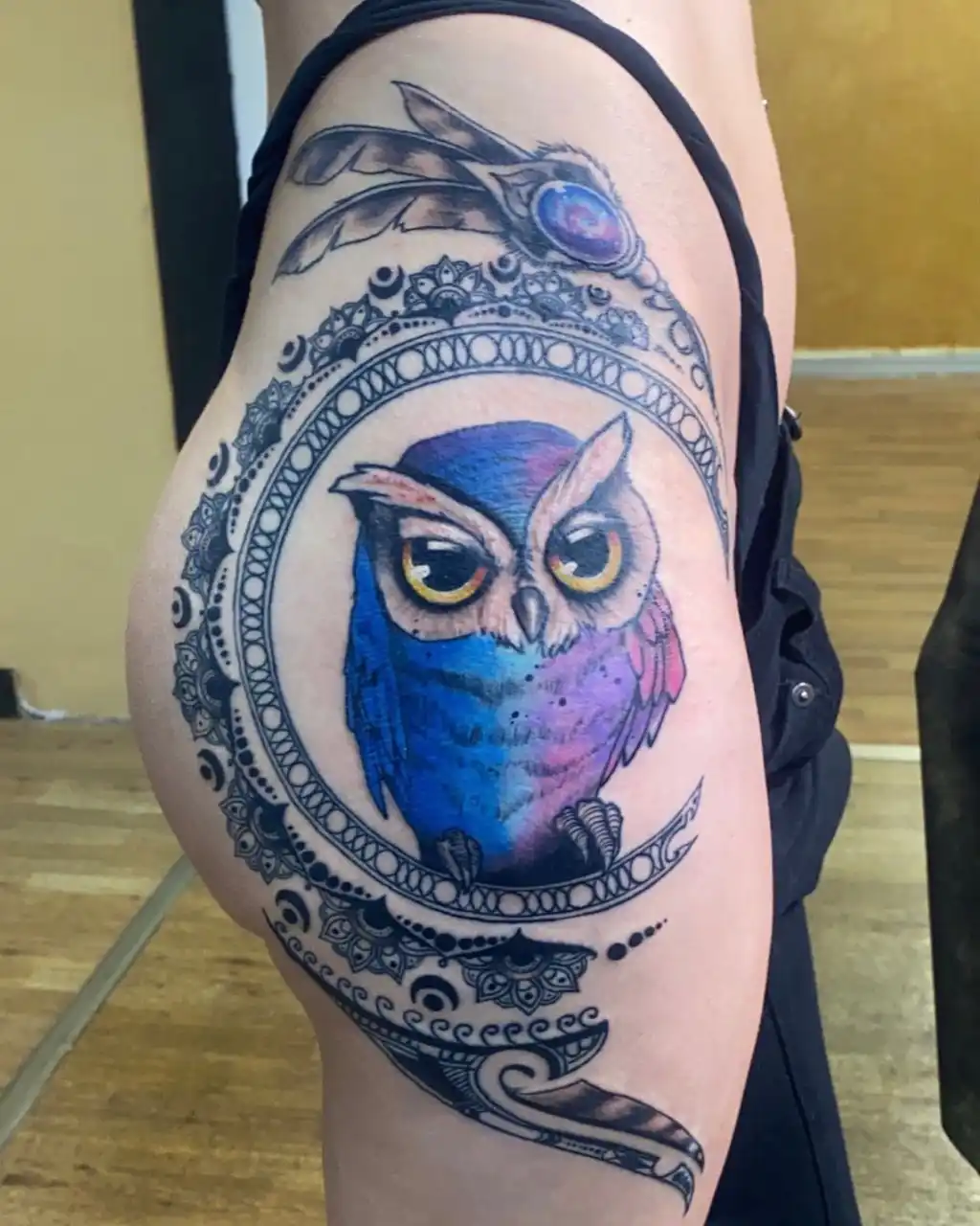 Colorful Owl Mandala Design Hip Tattoos Women