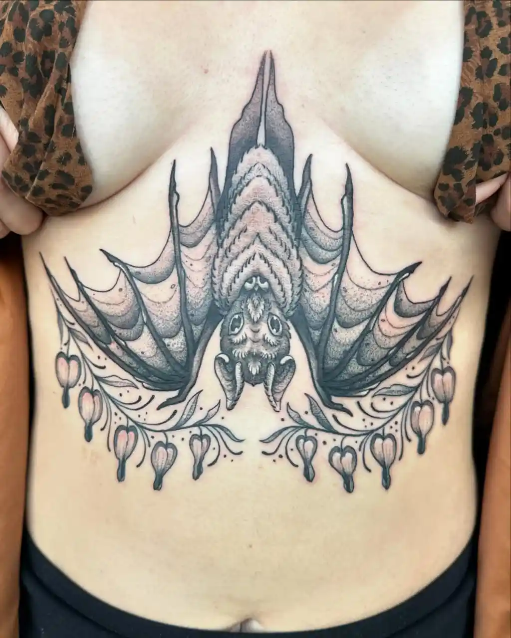 Gothic Bat and Blossom Design Stomach Tattoos Women