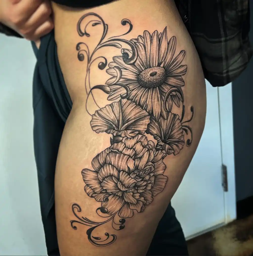 Floral Cascade Thigh Tattoos for Women