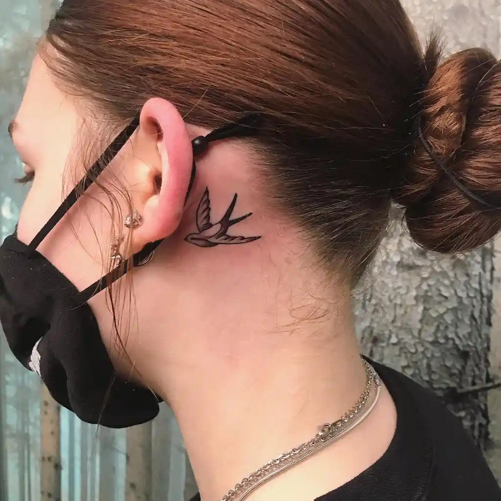 Flying Bird Behind Ear Tattoos for Women