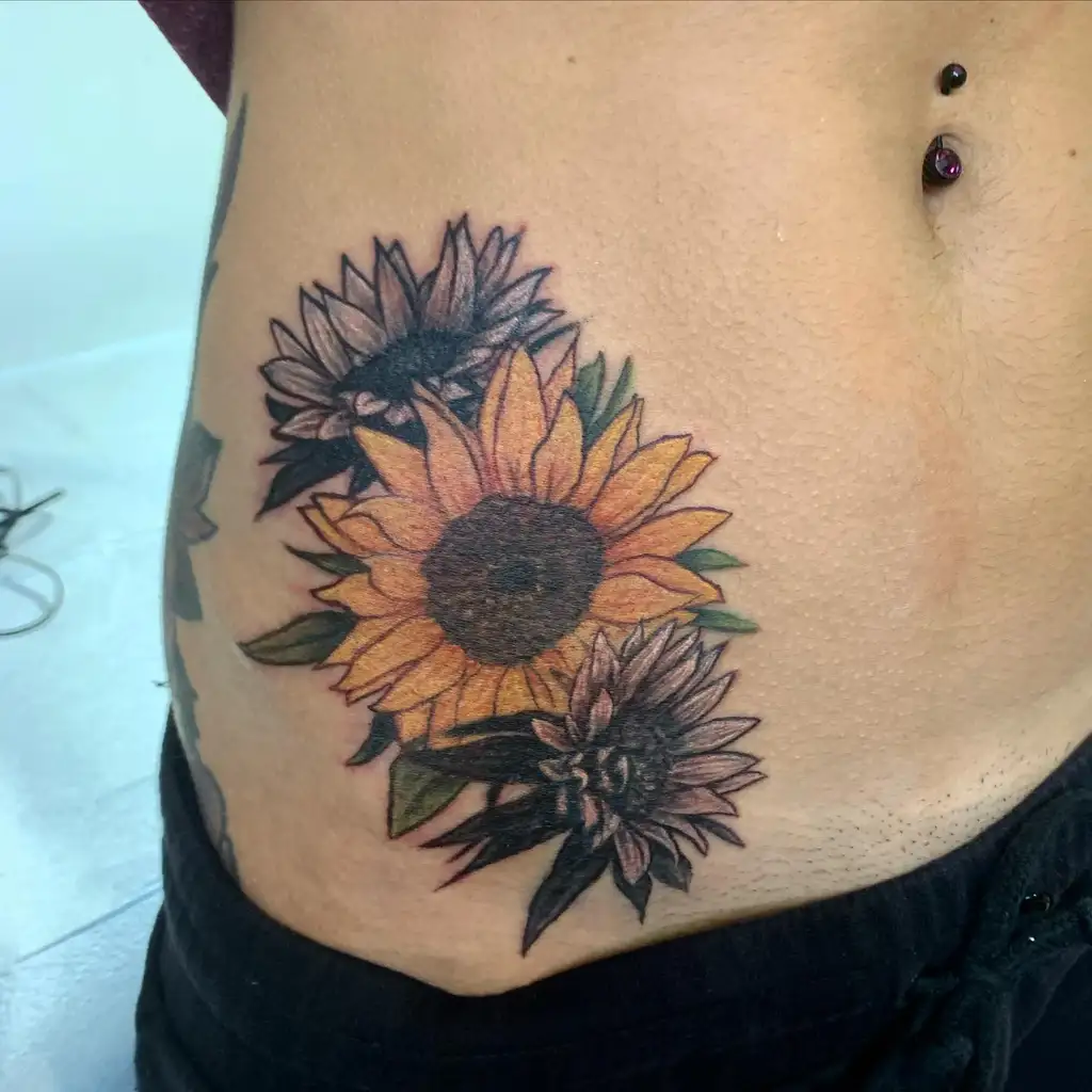 Sunflower and Dahlia Bloom Hip Tattoos Women