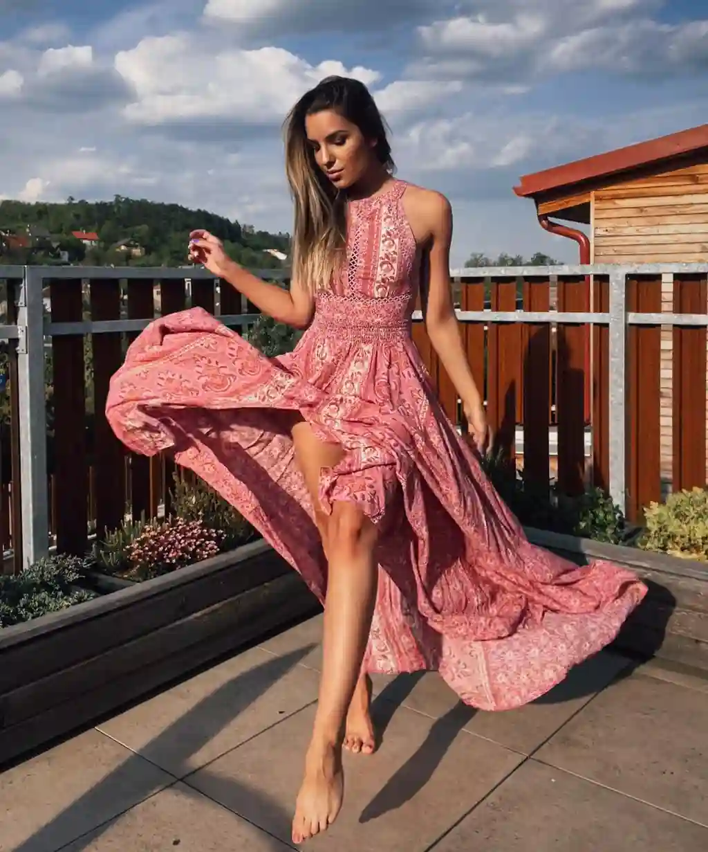 Flowing Pink Boho Maxi Dress