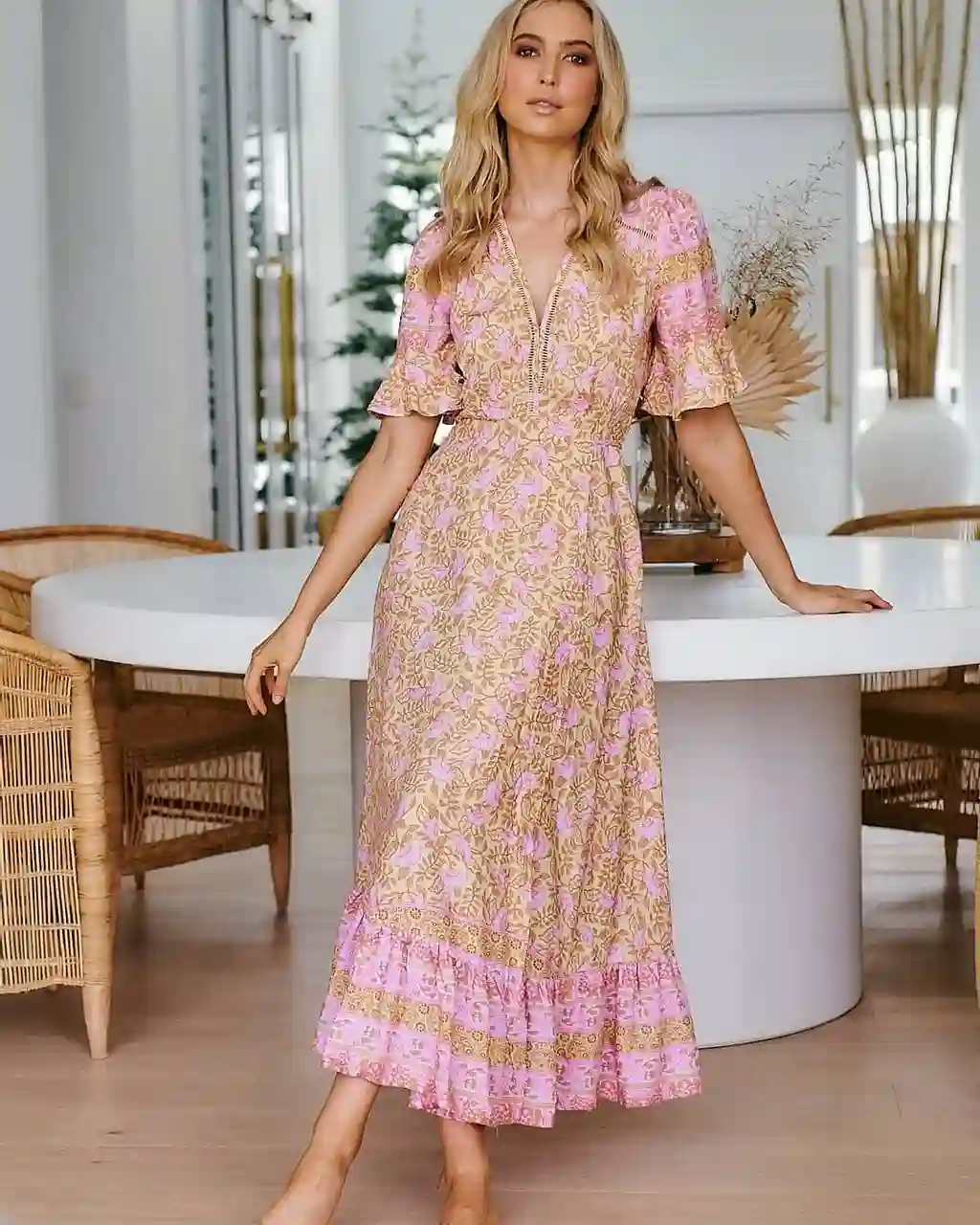 Pink Floral Boho Maxi Dress