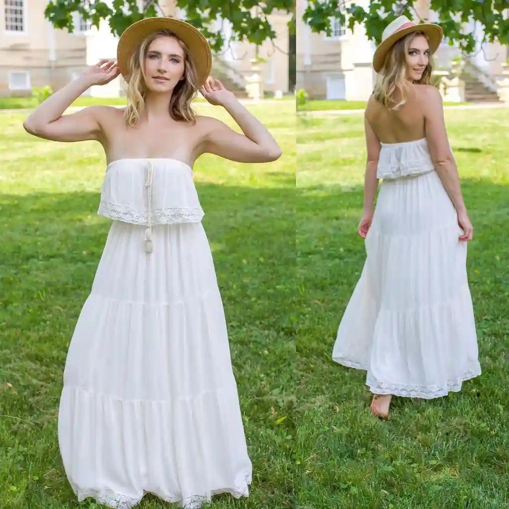 Strapless White Boho Maxi Dress