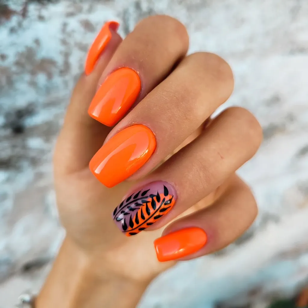 Leaf Accent Orange Nails