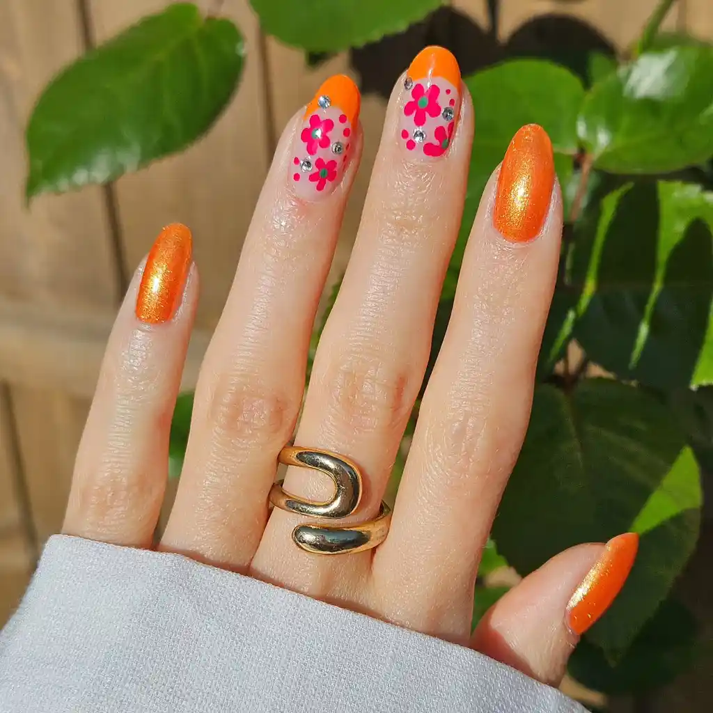 Floral Sparkle Orange Nails
