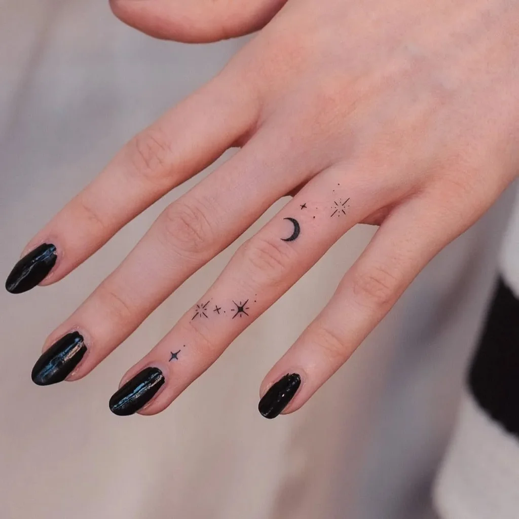 Finger Tattoos for Women with Stars and Crescent Moon